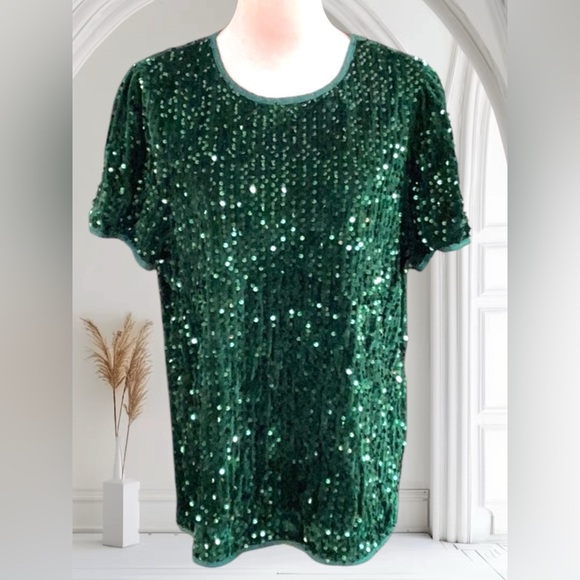 Sequin Dark Green Sparkly All Over Evening Party Top XL - Picture 1 of 8